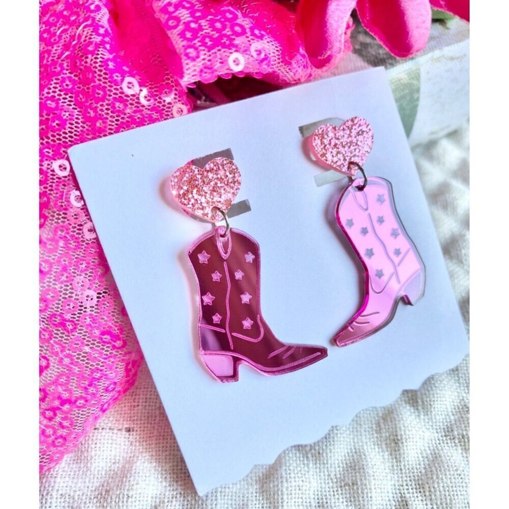 New Shiny Pink Acrylic Cowgirl Boots & Hearts Rodeo Country 80s Style Earrings